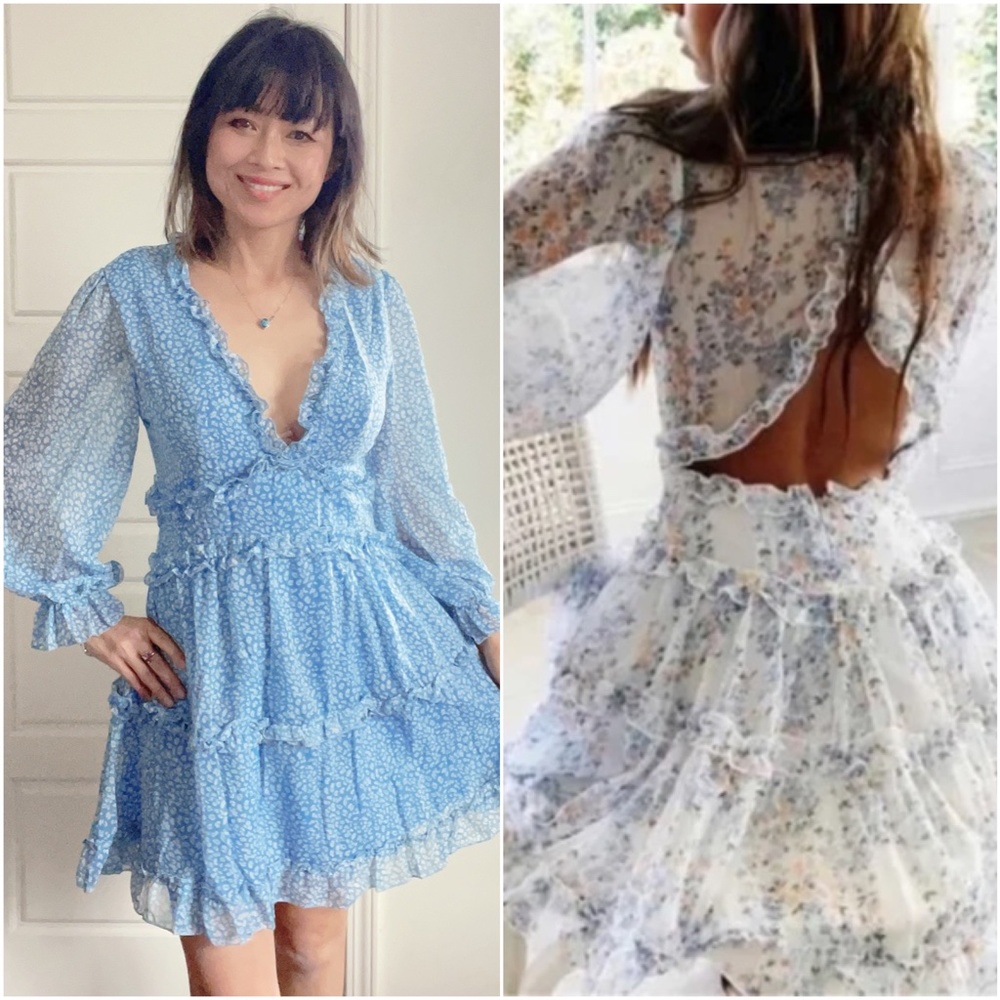 022 Boho Print V neck open back ruffle dress - Picture 3 of 13